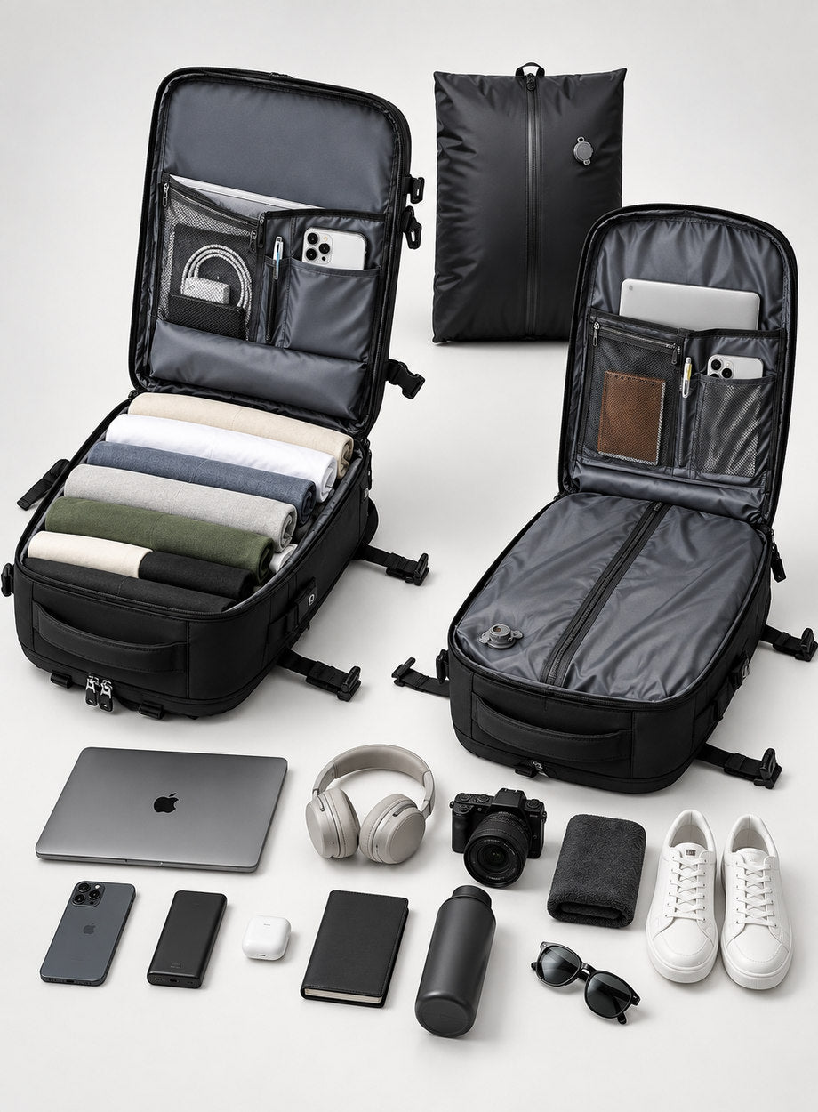 Two bags packed open beside a laptop, camera, shoes and the compression sack