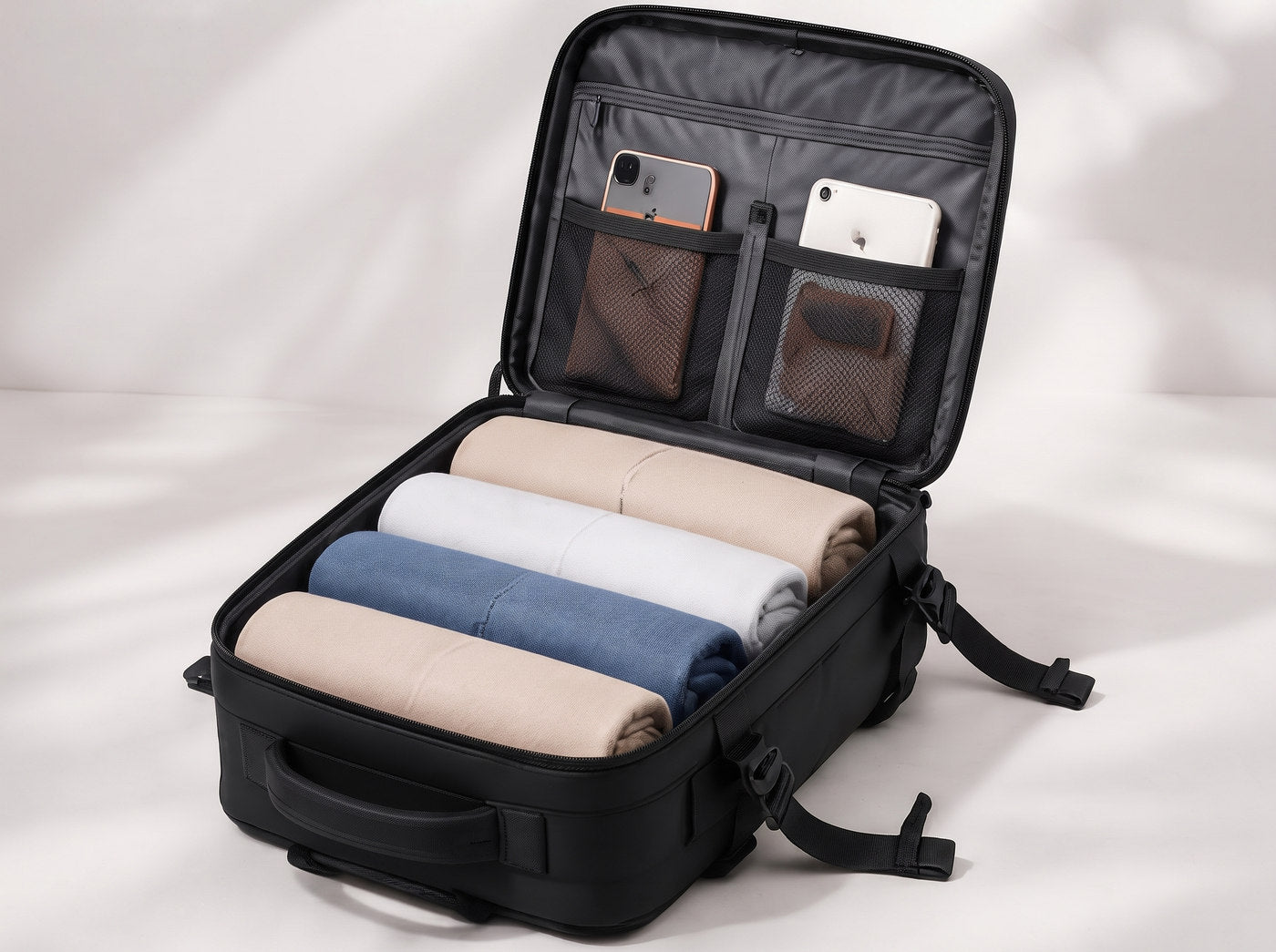 The backpack opened flat and packed in layers