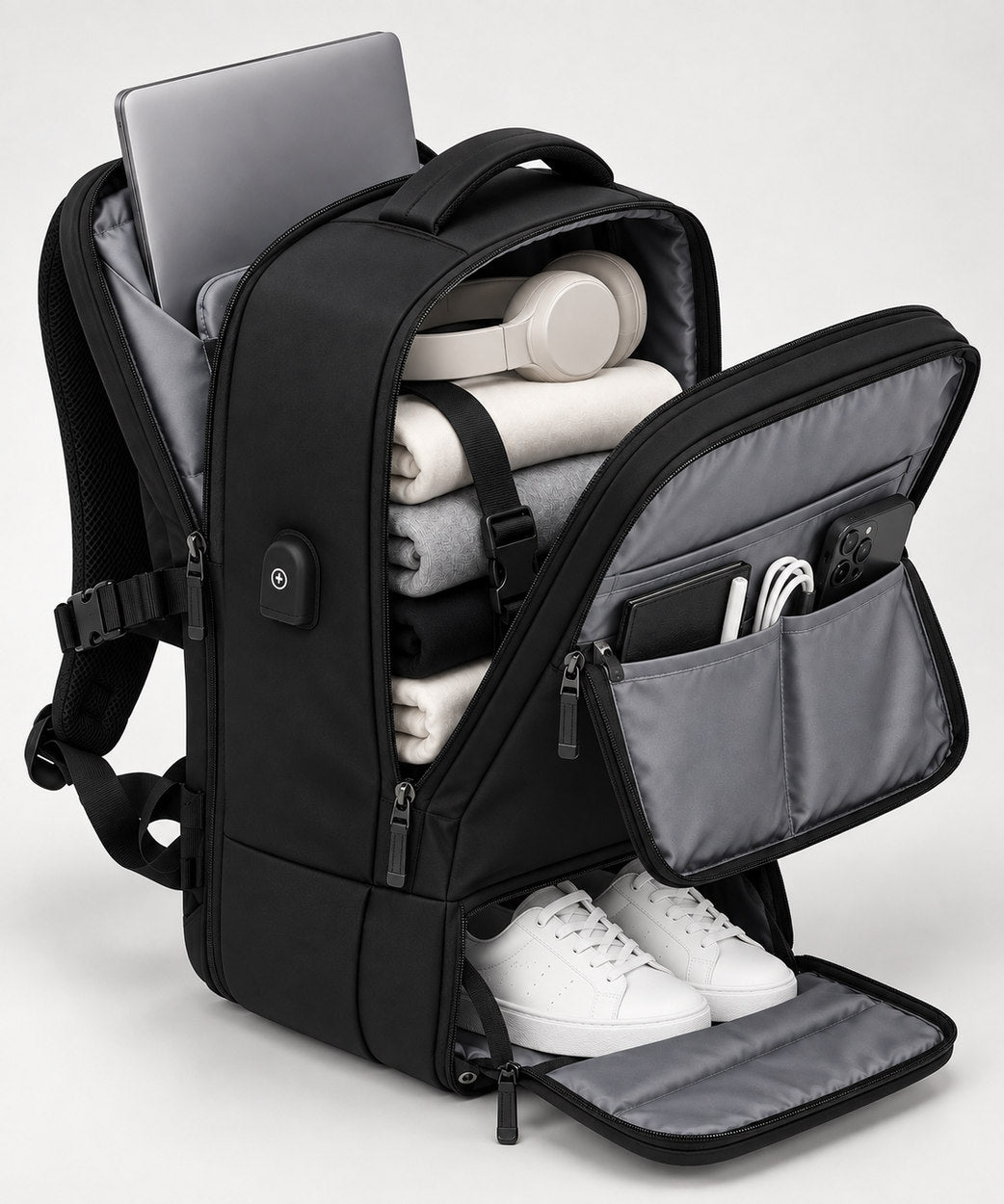 The bag open showing laptop, clothing and shoe compartment